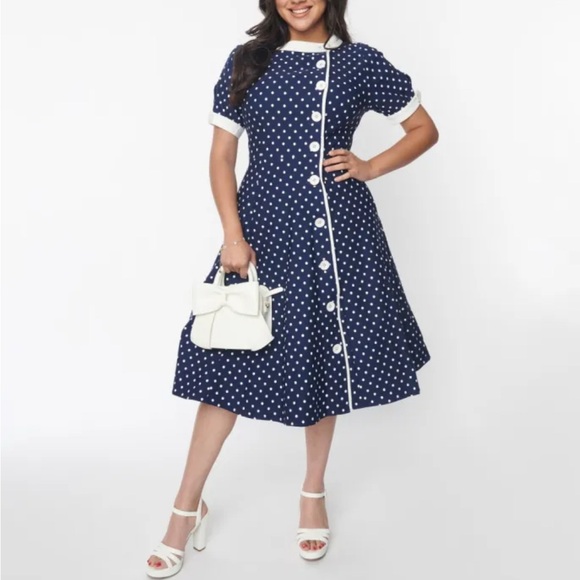 Unique Vintage Dresses & Skirts - Unique Vintage 1950s Retro Plus Size Polkadot Button Blue Swing Dress, 3X / 20